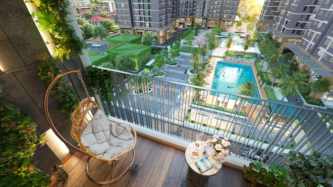 Từ ban công căn hộ, cư dân có thể thư giãn ngắm những mảng xanh nội khu